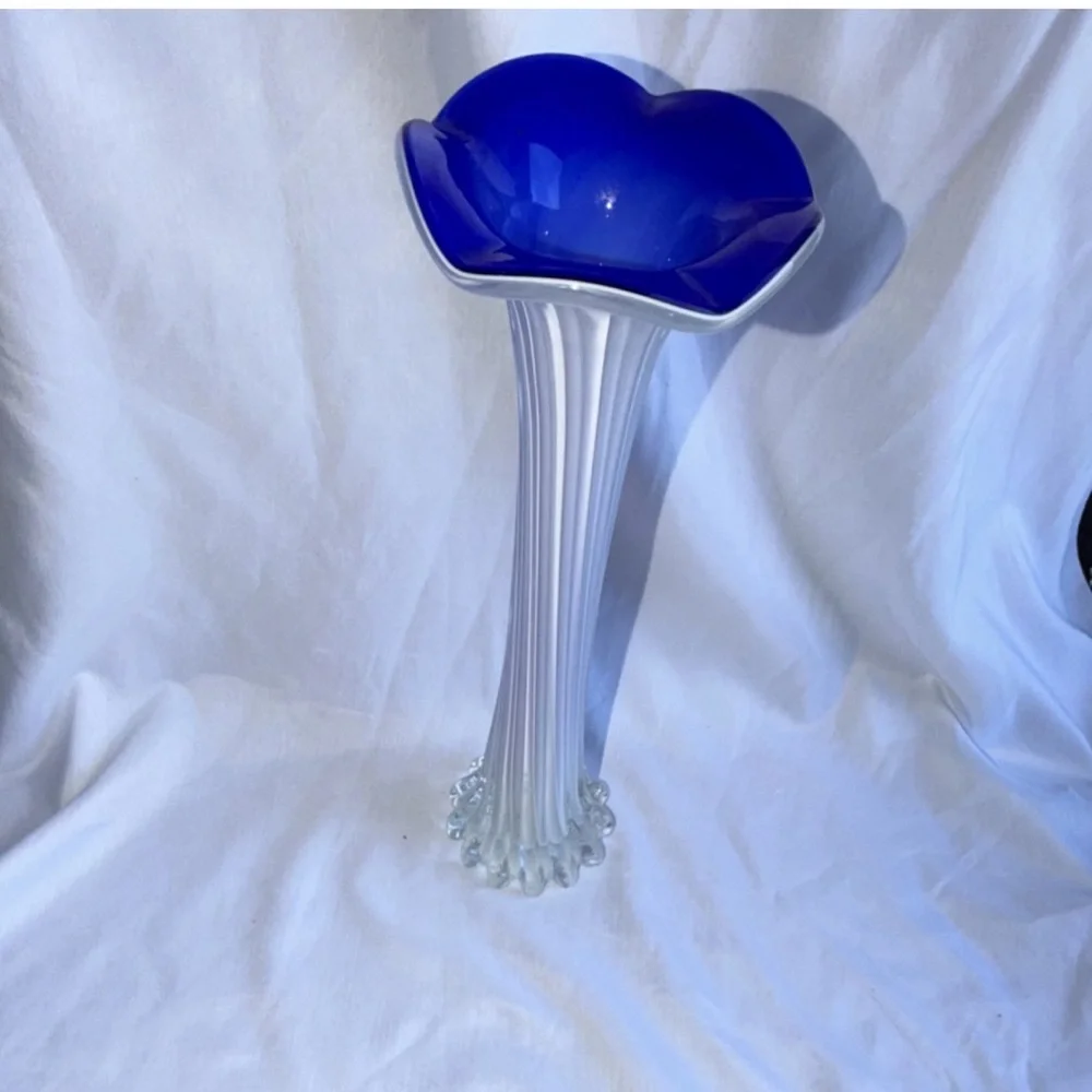 Vintage Cobalt Blue & White Cased Glass Ribbed Vase - 11" Tall - Picture 5 of 8